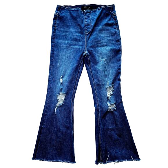 RISEN Los Angeles Pull ON Wide Flare Leg High Rise Distressed Denim Jeans Size L - Picture 1 of 11